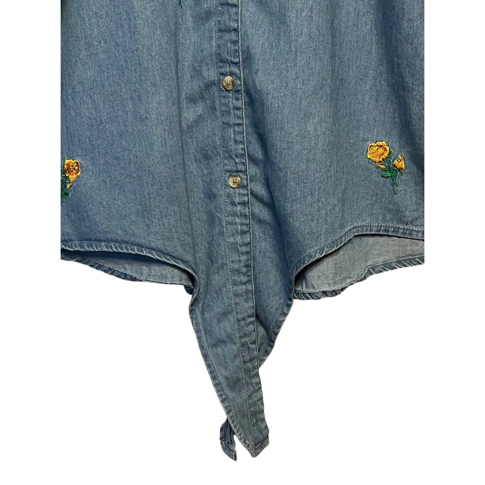 VTG Harper Heritage Women XL Denim Shirt Yellow Rose Embroidery Asymmetrical Hem - Picture 3 of 16